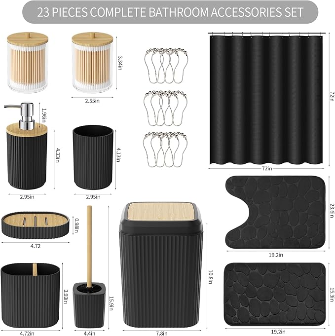 Bathroom Accessories Set - Black Bathroom Set with Shower Curtain and Rugs, Trash Can, Toilet Brush with Holder, Soap Dispenser, Toothbrush and Toothpaste Holder, Cup, Soap Dish, Qtip Holders, Hooks
