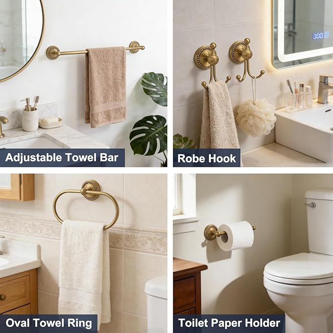 4-Pieces Antique Brass Gold Bathroom Accessories Set, Adjustable Towel Bar Fits 13.2”-24.6” Centers, Oval Towel Ring, Robe Hook, Toilet Paper Holder, Towel Racks for Bathroom Wall Mounted Hardware Set