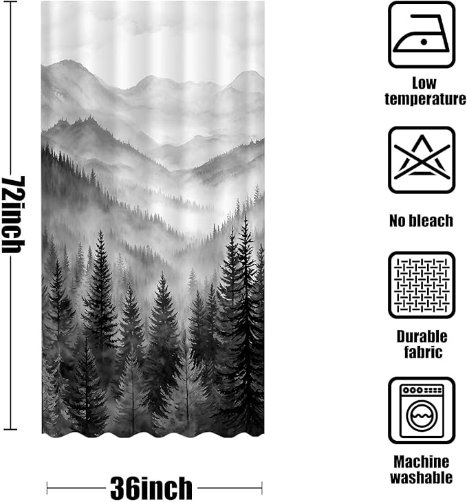 Forest Mountain Shower Curtain Black and White Nature Misty Pine Tree Shower Curtains for Bathroom Dark Grey Foggy Rustic Woodland Decorative Waterproof Fabric Bath Curtain Decor 36×72 Inches