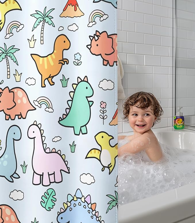 MAMUSE Shower Curtain for Bathroom - Cute Aesthetic Decorative Modern Girly Unique Girls Design Pretty Women Waterproof Fabric Cloth Cortinas de Baño Bathtub 72 x 72 Inch, Little Dino