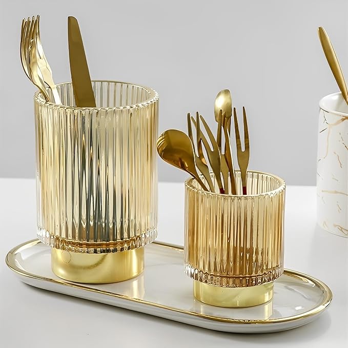 Makeup Brush Holder Organizer, Heavy Crystal Glass Brush Storage Holder, Vintage Cosmetic Make Up Bathroom Brushes Cup Pen Pencil Toothbrush Holder Striped Vase (S+L (amber))