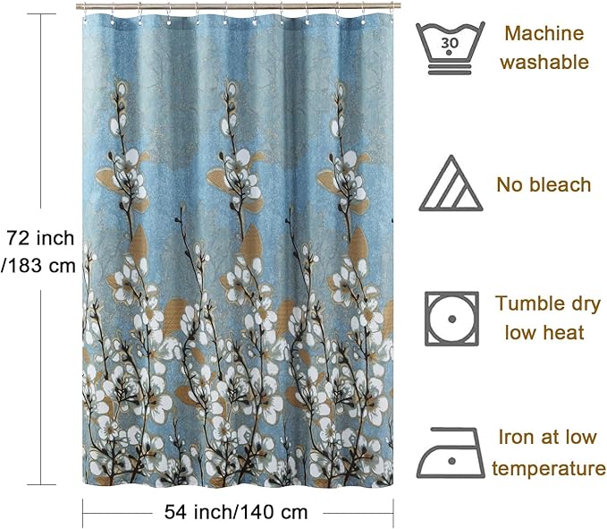 Stall Fabric Shower Curtain, 54 x 72 inch Blue Floral Shower Curtains, Brown White Flower Plant Shower Curtains for Bathroom, Waterproof Small Bathroom Curtains, 54" W x 72" H