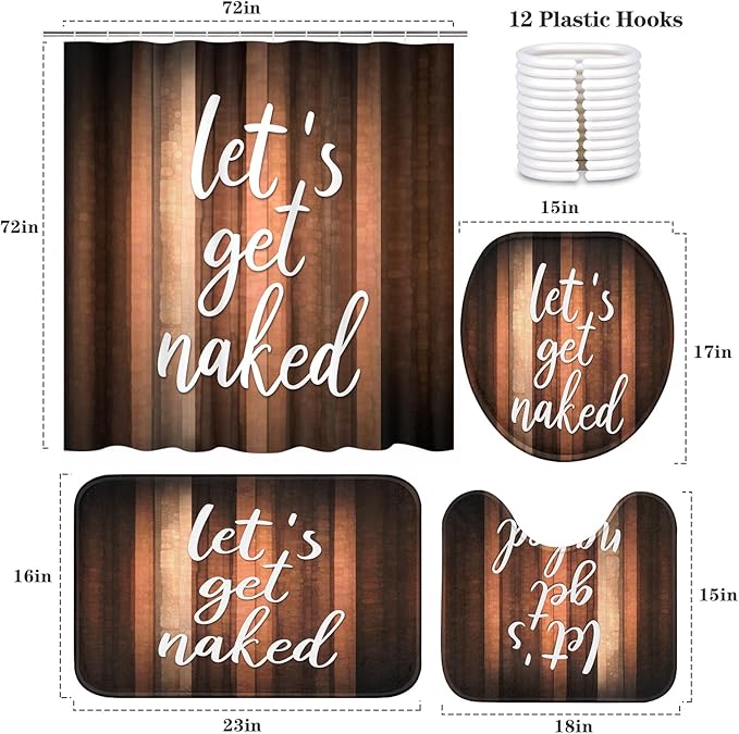 ArtSocket 4PC Let's Get Naked Orange Brown Striped Vintage Abstract Shower Curtain Sets Bathroom Decor with Rugs, Non-Slip Rug,Toilet Lid Cover, Bath Mat and 12 Hooks 72x72 inches