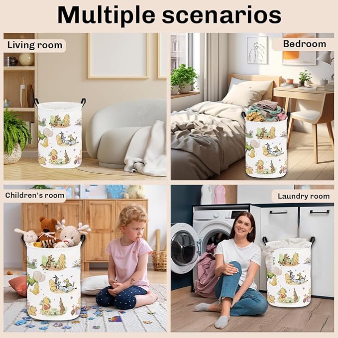 Greatingreat Winnie Baby Laundry Basket, Foldable Small Hamper with Canvas & PE Coating, Collapsible Portable Clothes Organizer for Nursery, Home, Bedroom Storage (White)