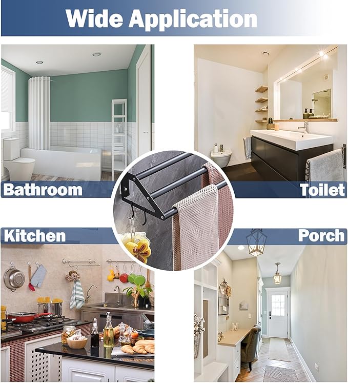 3-Layers Bathroom Towel Bar Wall Mounted Adhesive or Screw Mounting, 13.5"-24.5" Adjustable Bath Towel Holder Rack Stainless Steel Black Hand Towels Rod Hanger with Hooks for Home Kitchen Toilet