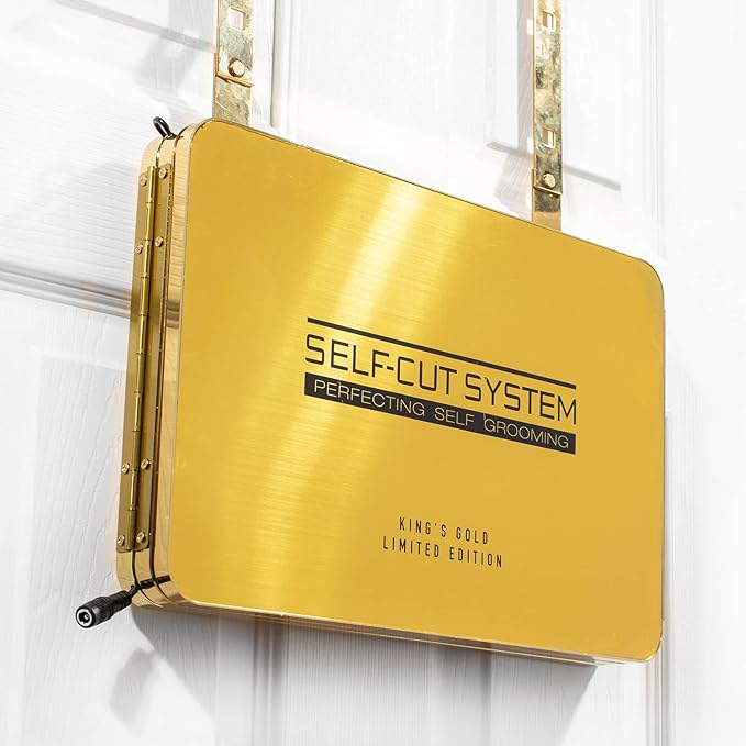 Self-Cut System Gold Plated 3 Way Mirror with Lights for Self Hair Cutting, Trifold Barber Mirror with Height Adjustable Hooks, 360 View, Includes Free Educational Mobile App (King’s Gold)