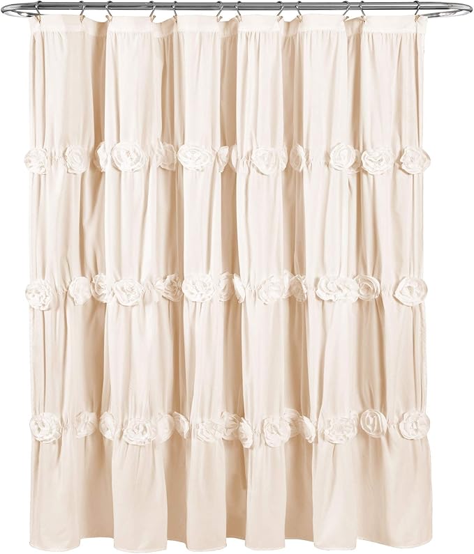 Lush Decor Darla Ruched Floral Bathroom Shower Curtain, 72” x 72”, Ivory