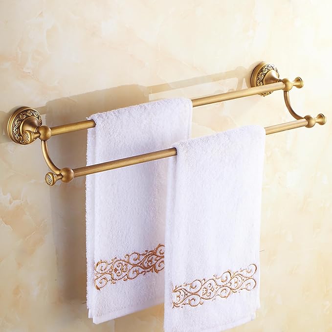 Wall Mounted Bathroom Double Towel Rack, Towel Bar Adjustable 15.5 to 27.5 Inch Antique Brass Pattern Carving,Brushed Bronze