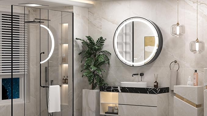 Keonjinn 30 Inch Round Lighted Medicine Cabinet, Black LED Medicine Cabinet Mirror, Circle, Electrical Outlet, 3 Color Lights, Anti-Fog, Dimmable, Surface Mount Only