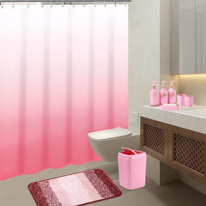 XLHOMO Bathroom Accessories,Bathroom Set with Shower Curtain,Rugs,Trash Can,Lotion Soap Dispenser,Toothbrush Holder,Soap Dish, Tags with Tray(Pink1 ),(Bath Set+Shower Curtain+Bath Rugs)