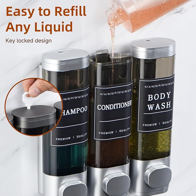 Shampoo and Conditioner Dispenser,Shower Soap Dispenser 3 Chamber No Drill Wall-Mounted for Bathroom & Hotel Leak-Proof Pumps, for Thick Liquids Like Conditioner - 1050ML High Capacity, Silver
