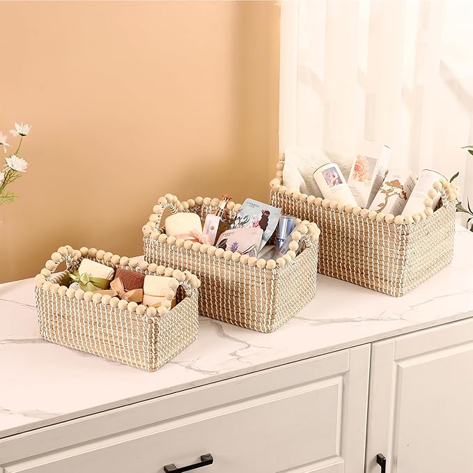 Handwoven Sea Grass Storage Baskets Set of 3 with Wooden Beads Accent - Square Woven Bins with Handles by Vietnamese Artisans for Home Organizer, Farmhouse Decor, Bathroom, Shelf - 14.7L, 10L, 6.5L