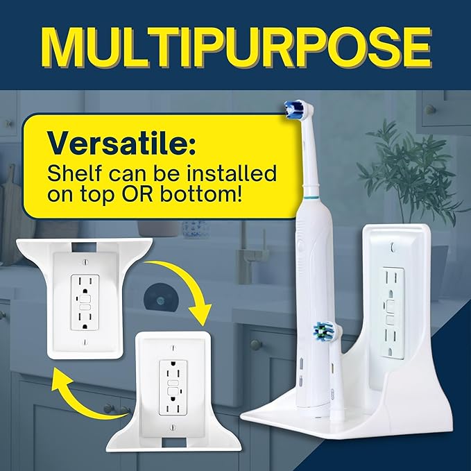 BeraTek Power Perch Wall Outlet Shelf with Cord Storage Strap - Declutter & Reclaim Counter Space - Alexa Holder, Charging Stand, Apple Homepod Mini Wall Mount - White, 2-Pack