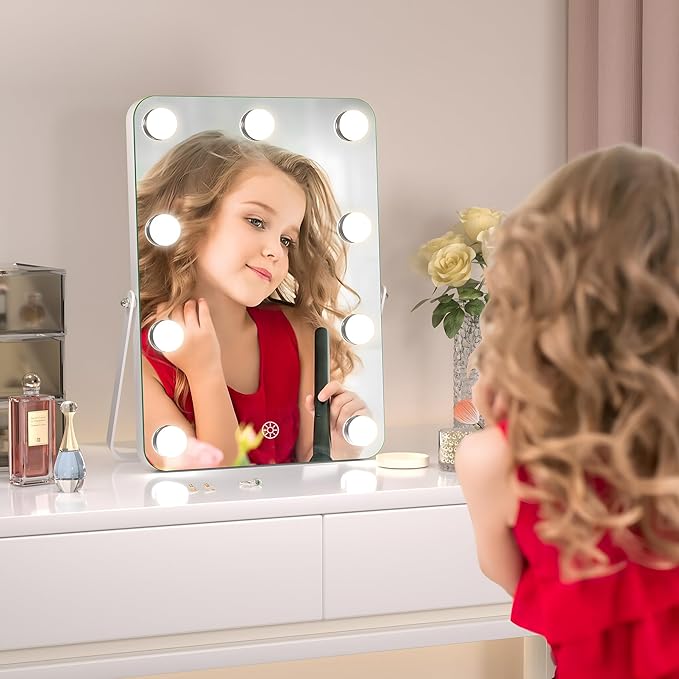 Hasipu LED Makeup Mirror with Bluetooth Speaker, 10.6" x 14" Hollywood Vanity Mirror with Lights, Rounded Rectangle White Frame, 3 Modes Light, Smart Touch Control Dimmable, 360ยฐRotation