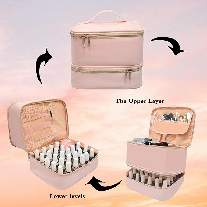 Nail Polish Organizer Case, Double-Layer Nail Supplies Organizer Holds 30 Bottles & Nail Lamp, Professional Nail Kit Storage Makeup Carrying Case (Pink)