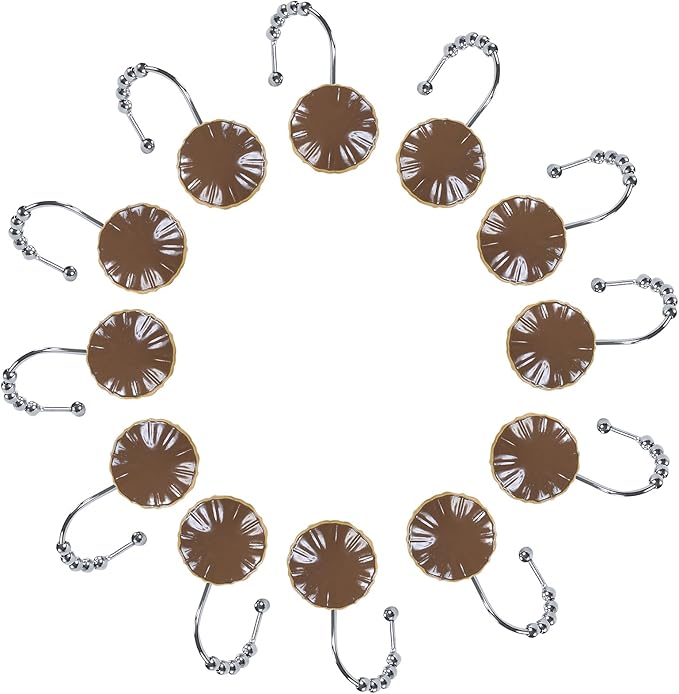 Sterling Brown Decorative Shower Curtain Hooks,Chocolate Roller Ring Balls Designed Hooks for Bathroom Curtains,Set of 12