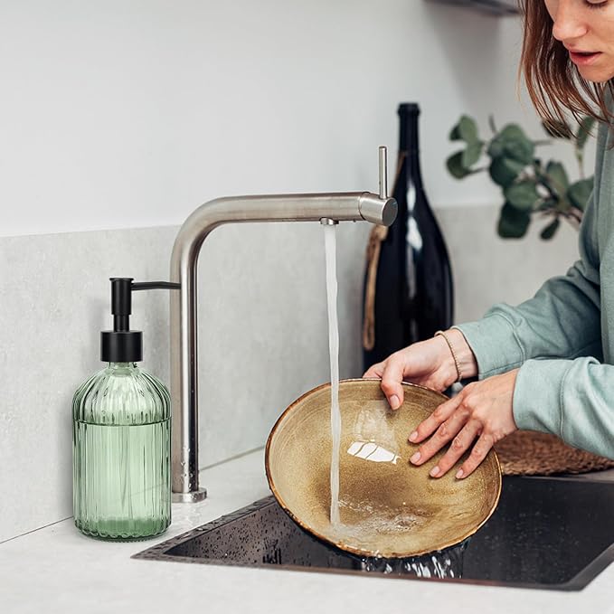 Topsky Glass Soap Dispenser with Black Plastic Pump, 400ml Liquid Hand Soap Dispenser, Rustproof Pump for Kitchen & Bathroom, Great for Lotions, Essential Oil, Liquid Soaps (Army Green)
