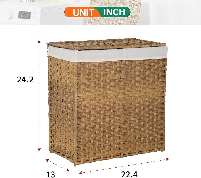Paylesshere Laundry Basket Handwoven Laundry Hamper 90L/110L Foldable Rattan Laundry Hamper With Lid,2 Removable Liner Bags & 6 Bags,Clothes Bathroom Basket,Natural