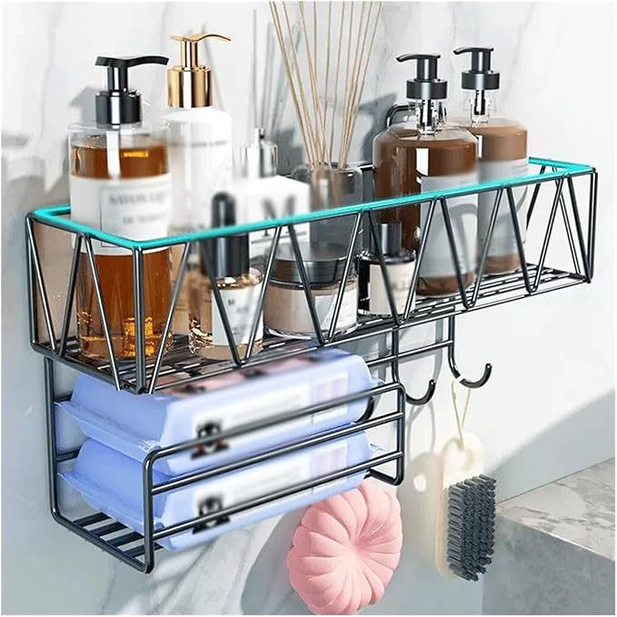 Bathroom Shelves Toilet Wall Storage Rack Washstand Double Layer Cosmetic Storage Rack with Tissue Holder and Hook Wall Mounted Metal Storage Rack Without Punching Wall Mounted Shelf(White)