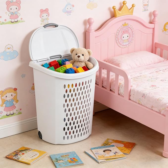 Wheeled Hamper, Plastic Laundry Hamper with Handle for Easy Transport, White