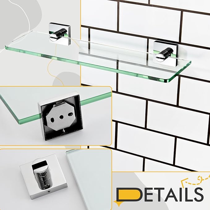 KOKOSIRI Floating Glass Shelf Bathroom Shelves Wall Mount 16-Inch Hanging Rack for Shower Storage Home Decor, Polished Stainless Steel B1107CH-L16