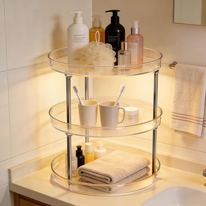 Rotating Makeup Organizer for Vanity Perfect Clear Round 3 Tier Perfume Skincare Cosmetic Stand Bathroom Countertop Storage 9.25"