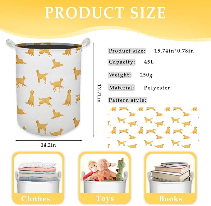 Golden Retriever Dog Laundry Basket, Toybox for Boys Girls, Golden Retriever Laundry Basket Hamper Waterproof Collapsible Clothes Toys Storage Bin Organizer for Bedroom Bathroom Kids Room Dorm