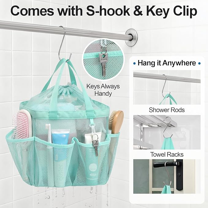 F-color Mesh Shower Caddy Portable with Drawstring - Large 8 Pockets Dorm Room Essentials for Guys Girls with S Hook, Shower Bag Basket Tote for College Camping Gym Travel Bathroom, Sage Green