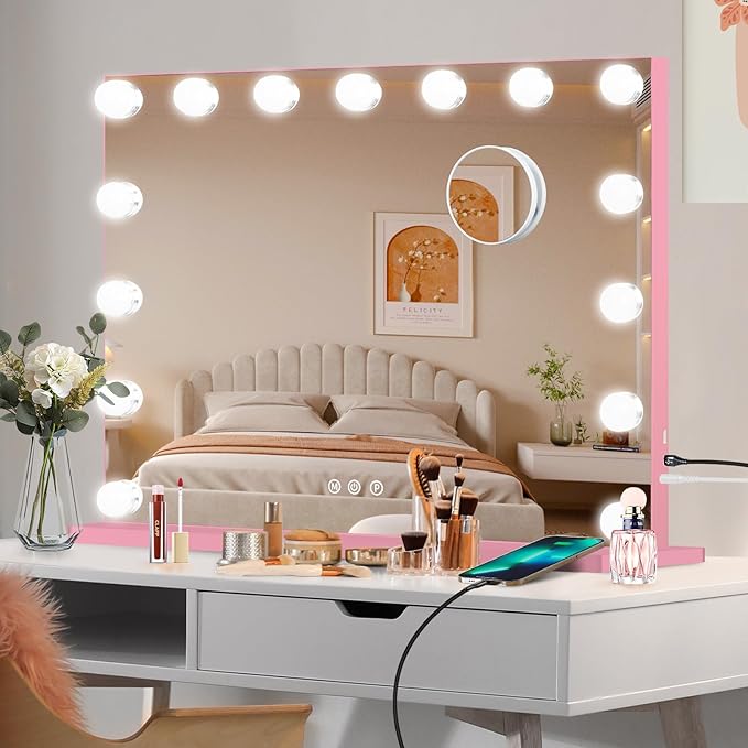 Moonee Pink Vanity Mirror with Lights, Hollywood Lighted Makeup Mirror with 15 Dimmable Bulbs and 10X Magnification, 3 Colors Modes, Aluminum Metal Frame, Light Up Mirror for Tabletop/Wall(23" x 18")