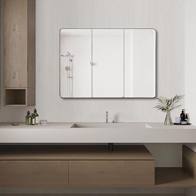 IDYLLOR Black Bathroom Medicine Cabinet with Round Corner Framed Door, 40 x 25.5 inch, Recessed or Surface Mount, with Adjustable Glass Shelves