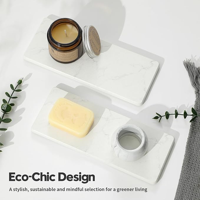 2PCS Water Absorbing Stone Drying Tray for Kitchen Counter, Diatomite Mat Vanity Caddy for Bathroom Sink, Faucet Splash Guard,Soap Dispenser Rack Sponge Holder Organizer, Marble White, 9"x3.5"