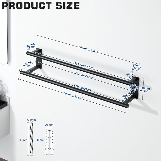 Alise Double Towel Bars for Bathroom,Wall Mount Towel Holder Towel Racks for Bathroom Lavatory,SUS304 Stainless Steel Towel Hanger Towel Rails,Matte Black,24 inch