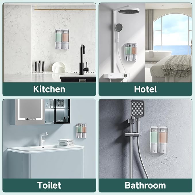 Shampoo and Conditioner Dispenser 2 Chamber No Drill Shower Soap Dispenser Wall Mounted Shampoo Conditioner Body Wash Dispenser 2 * 500ml Refillable Shower Dispenser for Bathroom Hotel, Silver
