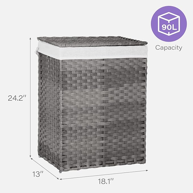 Paylesshere Laundry Basket Handwoven Laundry Hamper 90L/110L Foldable Rattan Hamper With Lid,2 Removable Liner Bags & 6 Laundry Bags,Clothes Hamper Bathroom Laundry Basket,Grey