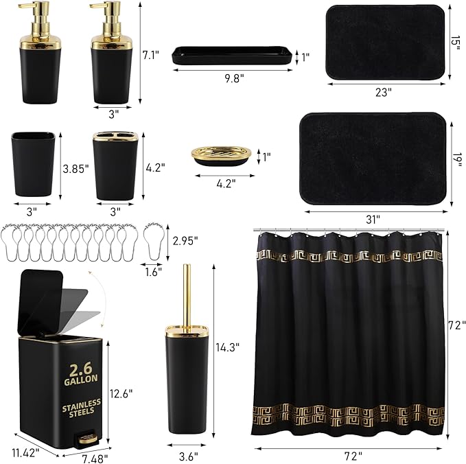 XLHOMO Bathroom Sets with Shower Curtain and Rugs Black Bathroom Accessories Bathroom Set,Soap Dispenser & Toilet Brush Holder Set with Stainless Steel Trash Can