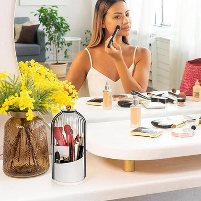 Multi-function Rotating Bird Cage Toiletries Storage Rack ?€? Storage Box, Makeup Holder | Covered Transparent Brush Organizer, 360 Rotating Design for Vanity Tables, Desktops, Bathroom Countertops
