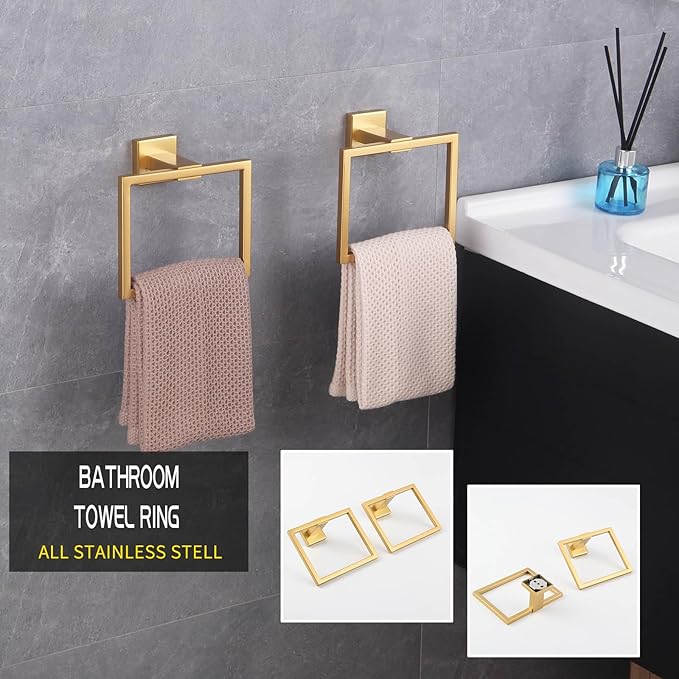 GERZWY Bathroom Hand Towel Holder Gold Stainless Steel Towel Ring for Bath Kitchen Garage Heavy Duty Wall Mounted JG1916-2BE