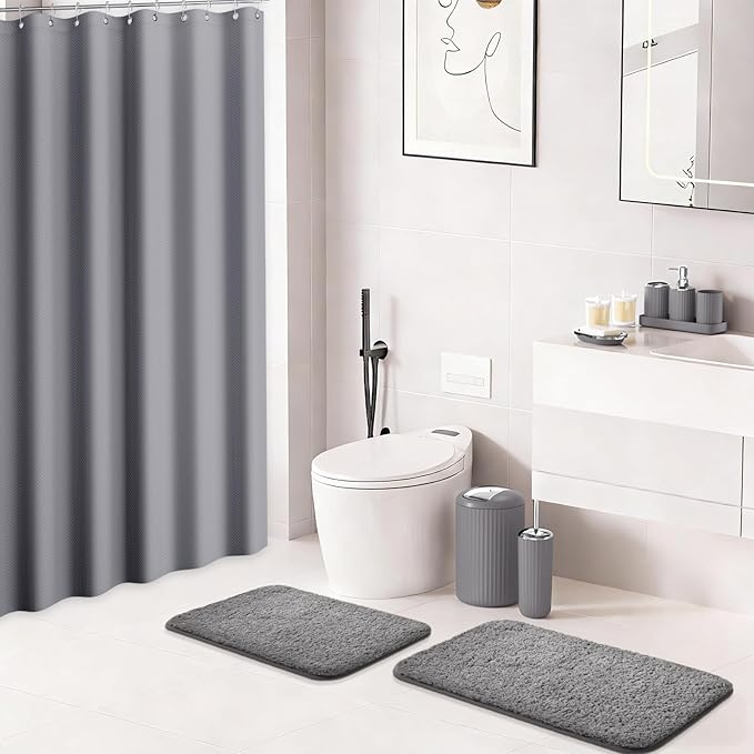 XLHOMO 24 PCS Gray Bathroom Accessories Set with Shower Curtain and Rugs, Bathroom Sets with Extra Soft and Absorbent Bath Rugs Shower Curtain Bathroom Accessory for Bath