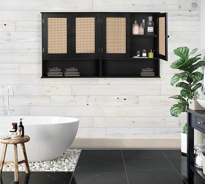 ZYBT Bathroom Medicine Cabinet Wall Mounted,Black Rattan Storage Towel Cabinet for Bathroom Storage Over The Toilet, Floating Hanging Cabinet for Small Spaces Kitchen Laundry Living Room