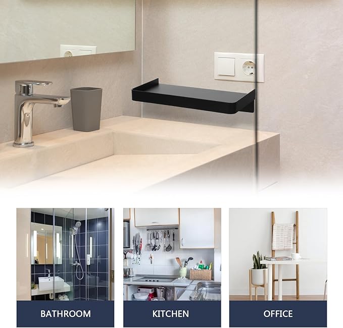 MAGICLULU Metal Phone Shelf Wall Mounted Floating Smartphone Holder Compact Dark Stainless Steel Adhesive Bathroom Shelf for Home Wall Storage