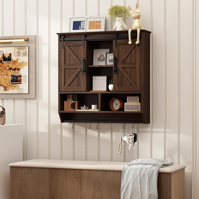 RUSTOWN Farmhouse Bathroom Wall Cabinet,3-Tier Rustic Wood Wall Mounted Cabinets,Vintage Medicine Cabinet with Sliding Barn Door and Adjustable Shelves,Over The Toilet Storage Cabinet (Dark Walnut)