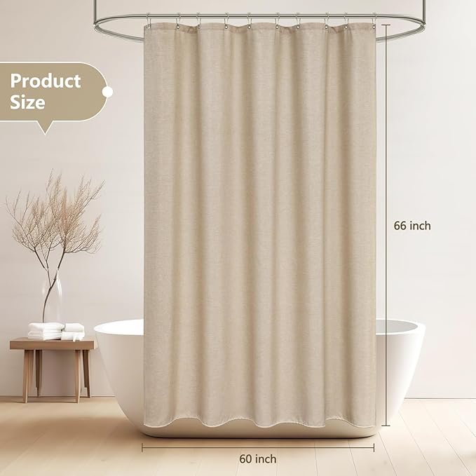 60 x 66 inch Taupe Short Fabric Shower Curtain Water-Resistant, Faux Linen Textured Farmhouse Shower Curtain Heavyweight, 60''W Washable Small Bathroom Curtain Tan for Rv Trailer