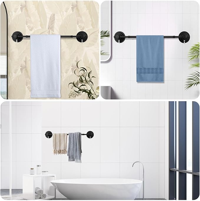 Suction Cup Towel Bar for Shower, 15.75''-25.6'' Adjustable Stainless Steel Towel Holder, Heavy Duty Suction Towel Rack with Powerful Vacuum Adsorption for Bathroom, Kitchen, RV, and Renters (Black)