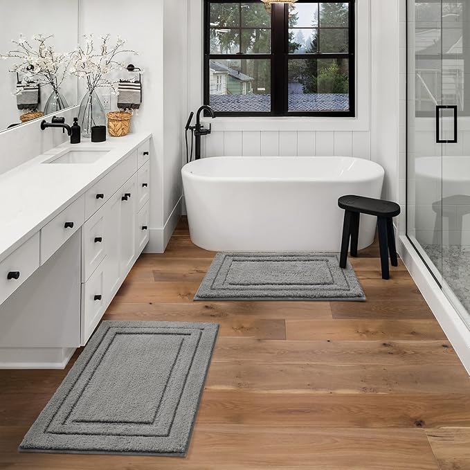HOMEIDEAS Bathroom Rugs Sets 2 Piece, Super Soft and Absorbent Non Slip Microfiber Machine Washable Bath Mat Set (20" x 32" + 16" x 24", Grey)