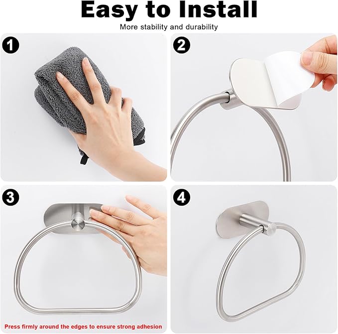 Livabber Towel Ring for Bathroom, 304 Stainless Steel Hand Towel Holder, Heavy Duty Towel Hanger for Bath, Kitchen, Hotel (4″ Self-Adhesive Base, Brushed Nickel)