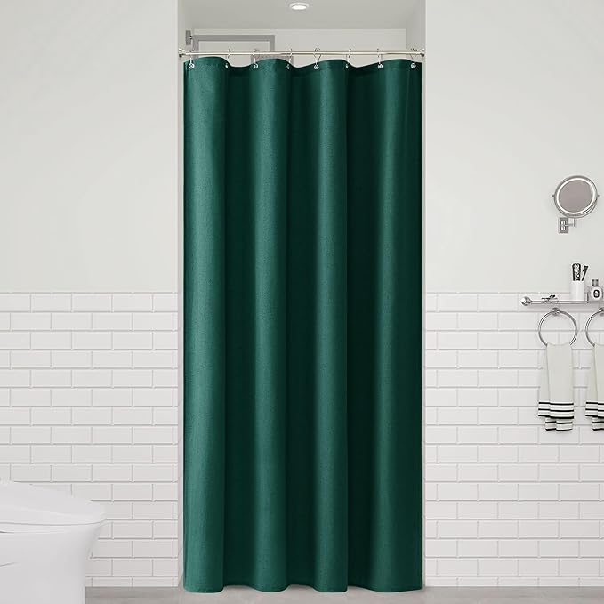 Naturoom Dark Green 48 Inch Shower Curtain - Stall Narrow Half Linen Ultra Thick Fabric Shower Curtain Set with Hooks, Boho Farmhouse Rustic RV Camper Bath Curtains for Bathroom, 48x72