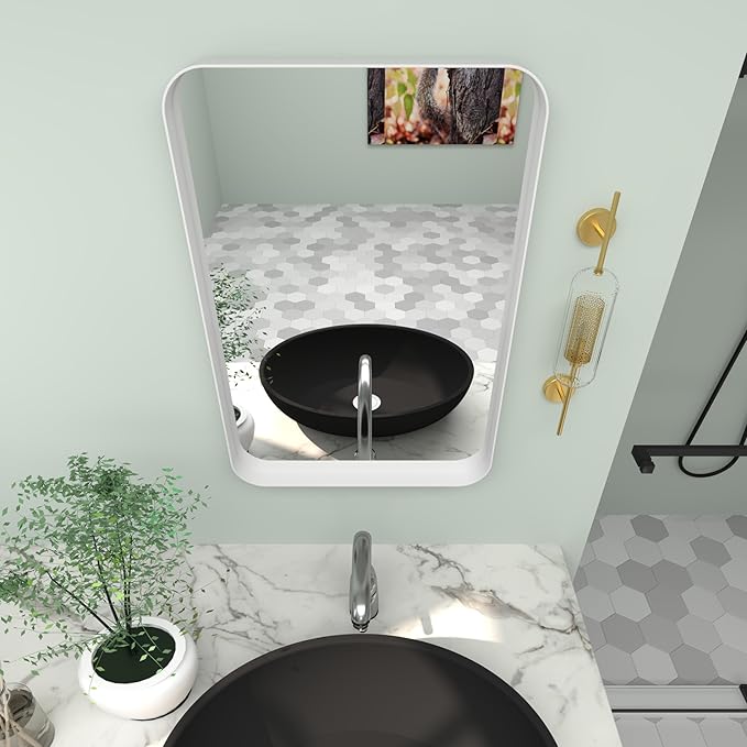 16”Wx24”H Farmhouse Framed Medicine Cabinet with Mirror, Matte White Finish, Recessed or Surface Mount, Adjustable Shelves, Rounded Rectangle Bathroom Medicine Cabinet,Install Left or Right