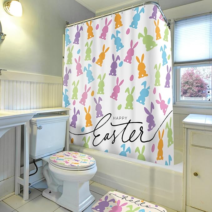 Drydiet 4 Pcs Easter Bunny Shower Curtain Sets 71 x 71 Inches Non Slip Rugs Toilet Lid Cover Bath Mat and 12 Hooks Easter Bathroom Shower Curtain for Bathroom Spring Decorations Farmhouse Home Decor