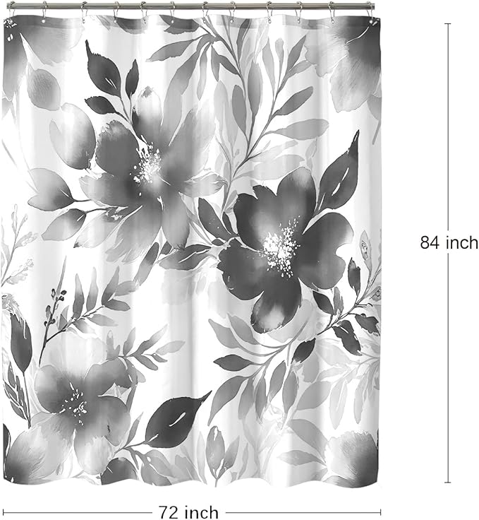 Floral Shower Curtain, Grey Watercolor Flower Shower Curtains for Bathroom, Modern Minimalist Waterproof Fabric Bath Curtain 72x84 Inch