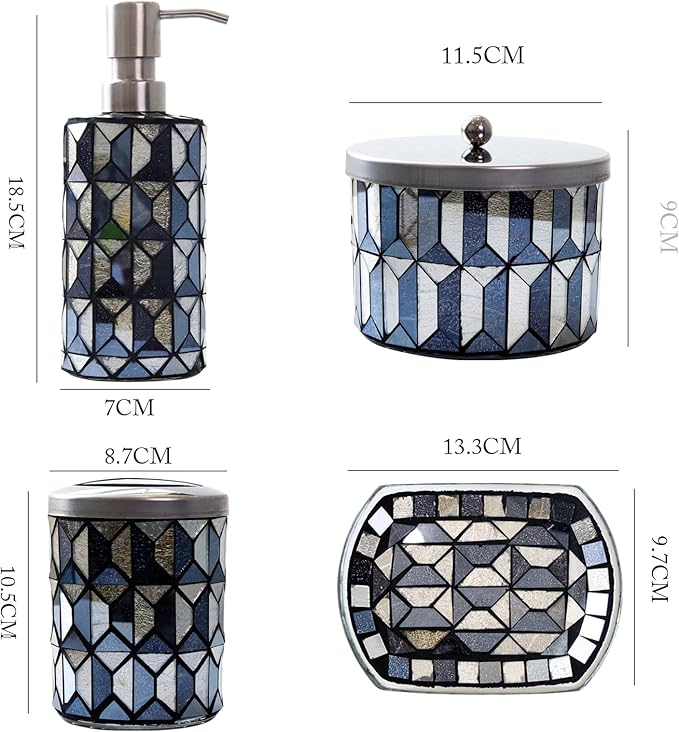 Escenzy Modern Black Gold Bathroom Accessories Sets 4 Pcs | Luxurious Soap Dispenser, Toothbrush Holder, Cotton Glass Jar, Small Tray | Black Gold Bathroom Decor | Mosaic Glass Bathroom Accessories